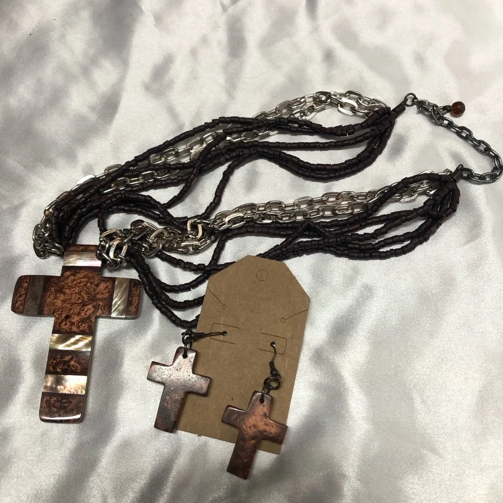 Tiger’s Eye Costume Fashion Brown and Silver Cross Necklace and Earring Set. New